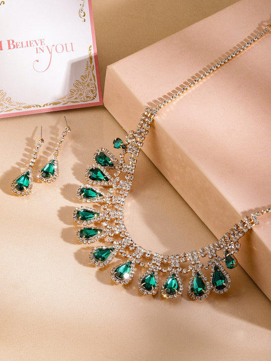 Rubans 24K Gold-Plated Emerald AD & Cubic Zirconia Studded Statement Necklace Set