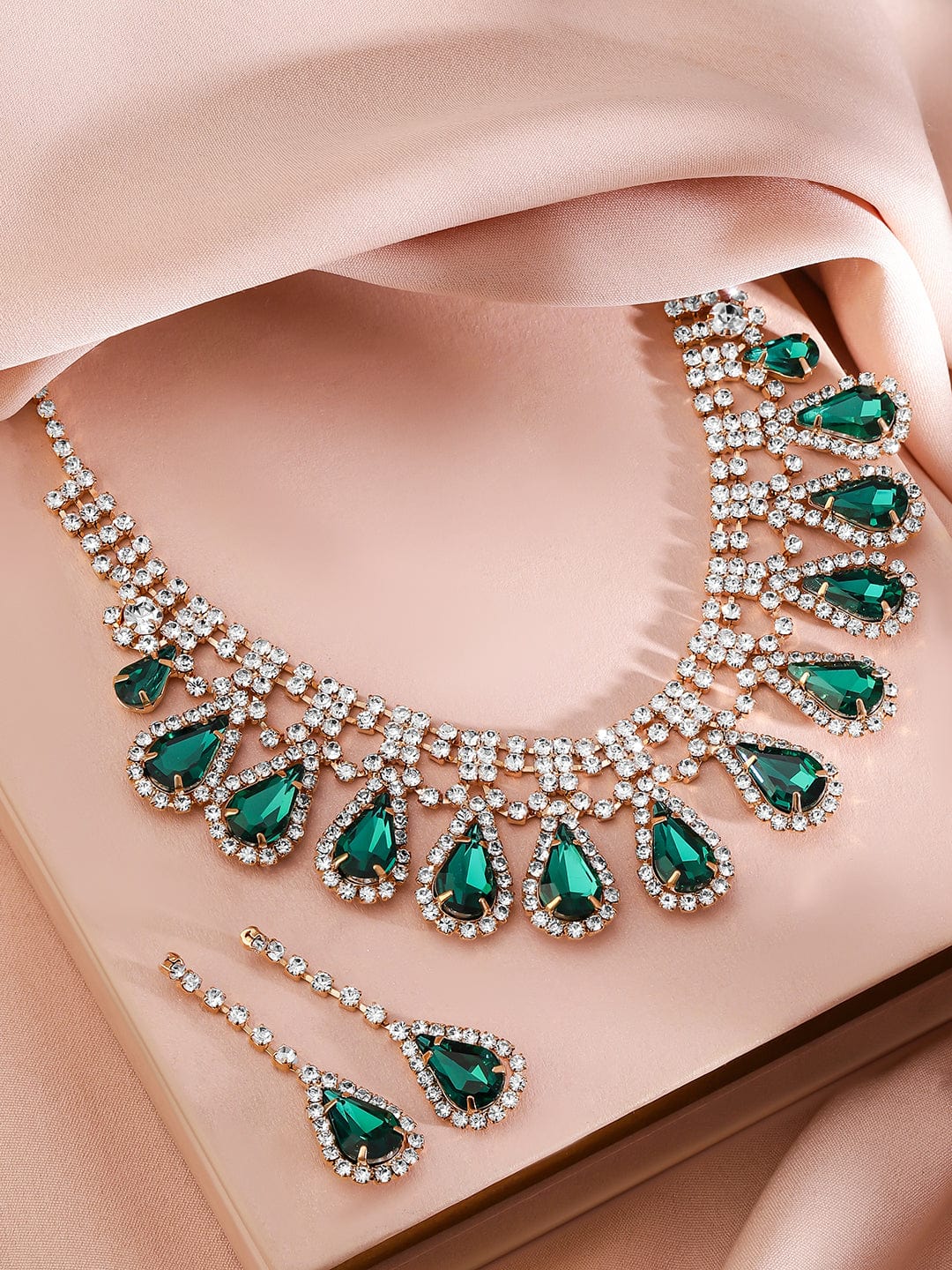 Rubans 24K Gold-Plated Emerald AD & Cubic Zirconia Studded Statement Necklace Set