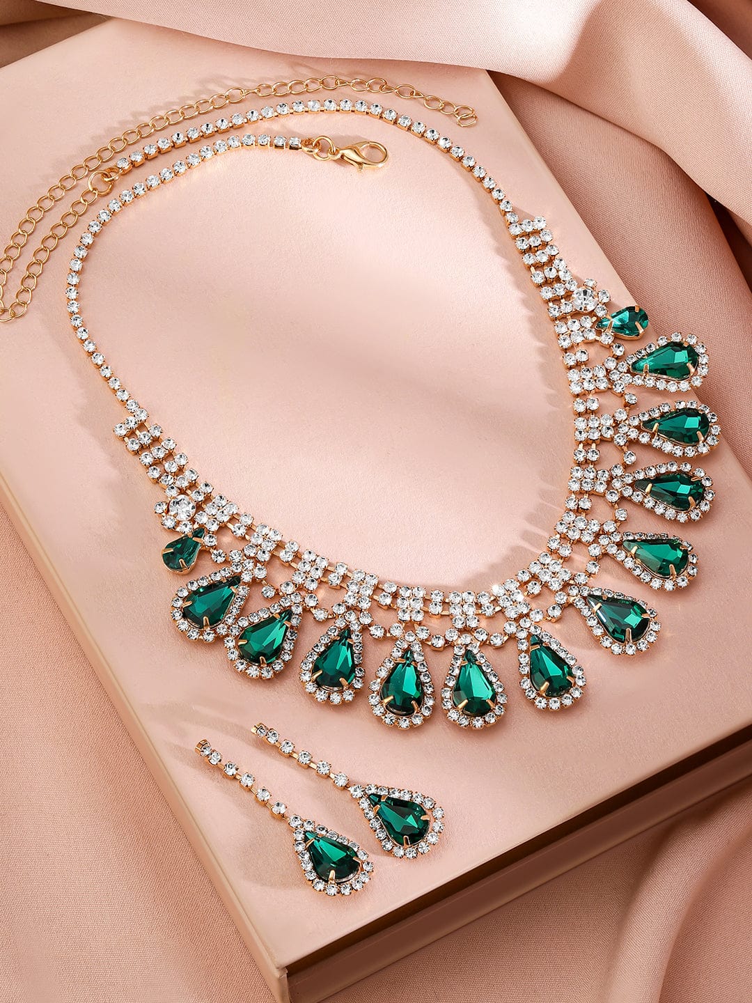 Rubans 24K Gold-Plated Emerald AD & Cubic Zirconia Studded Statement Necklace Set