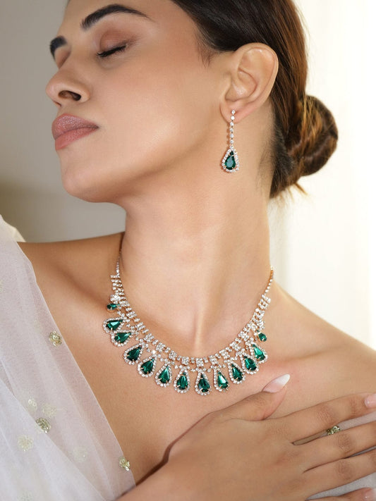 Rubans 24K Gold-Plated Emerald AD & Cubic Zirconia Studded Statement Necklace Set