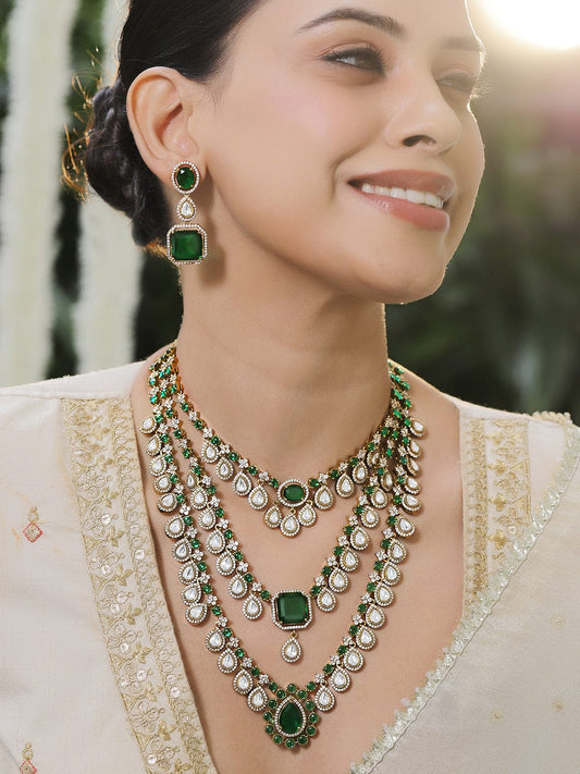 Rubans 24K Gold-Plated Emerald Green & AAA Cubic Zirconia Multi-Layer Bridal Necklace Set
