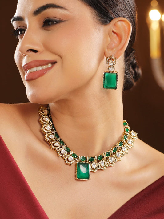 Rubans 24K Gold-Plated Emerald Green Stone & Cubic Zirconia Studded Handcrafted Luxe Statement Necklace Set with Earrings