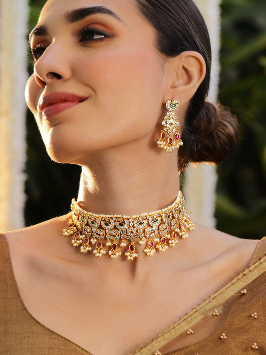 Rubans 24K Gold-Plated Emerald & Ruby Studded Pearl Beaded Handcrafted Choker Necklace Set
