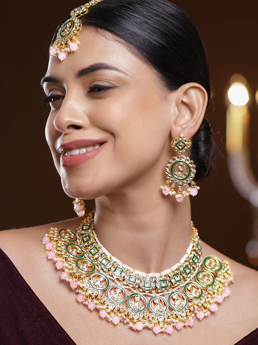 Rubans 24K Gold-Plated Handcrafted White Kundan Necklace Set with Green Enamel Detailing & Pastel Pink Pearl Beads