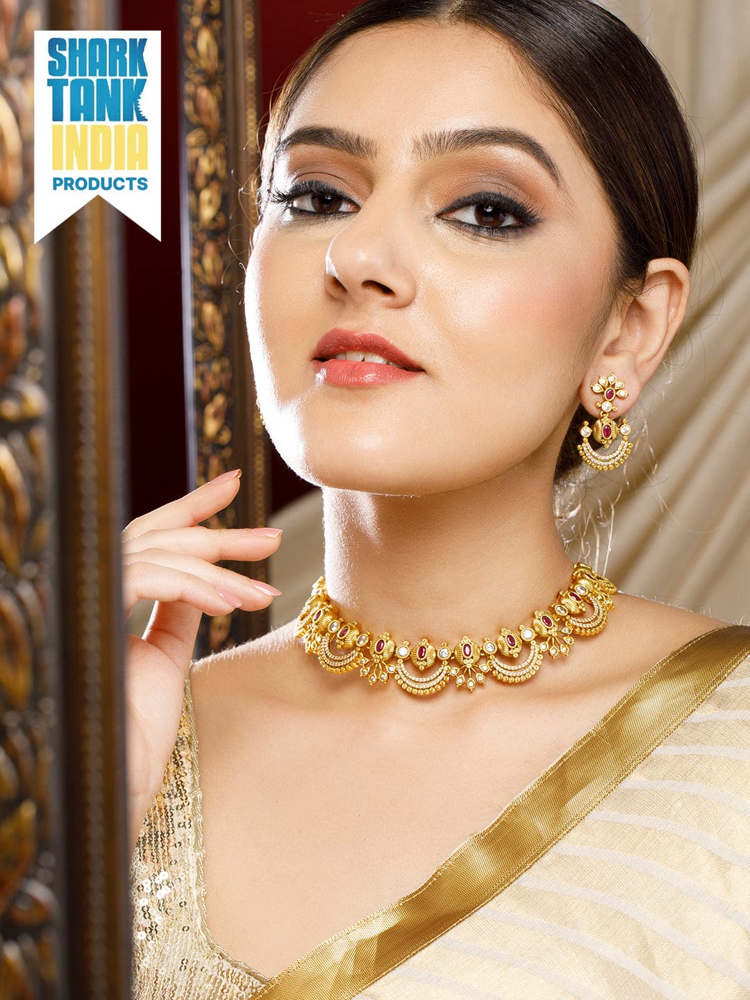 Rubans 24K Gold-Plated Ruby Pink & Cubic Zirconia Studded Temple Necklace Set with Chandbali Earrings
