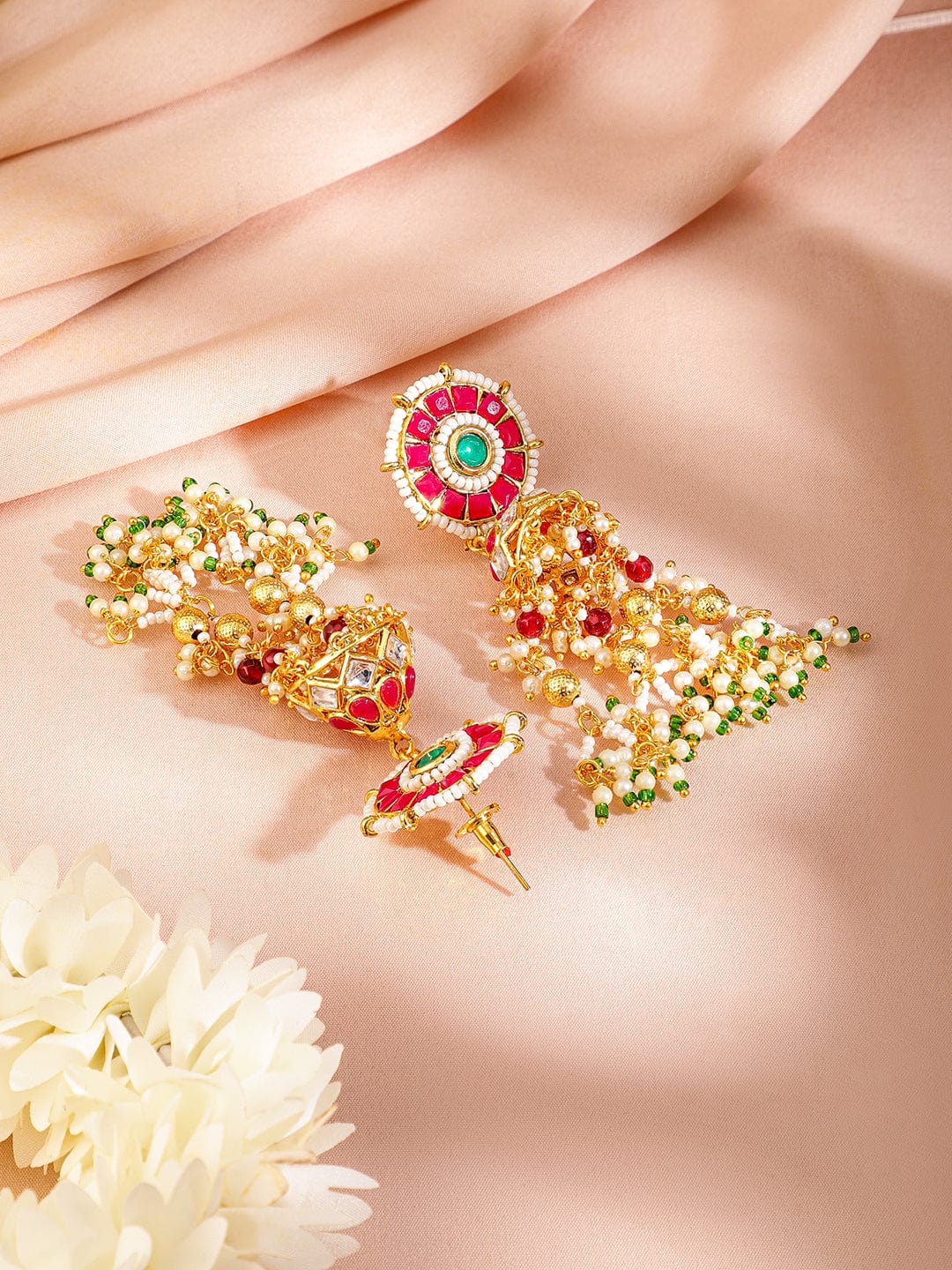 Rubans 24K Gold-Plated Kundan & Beaded Handcrafted Ruby, Emerald & Pearl Necklace Set