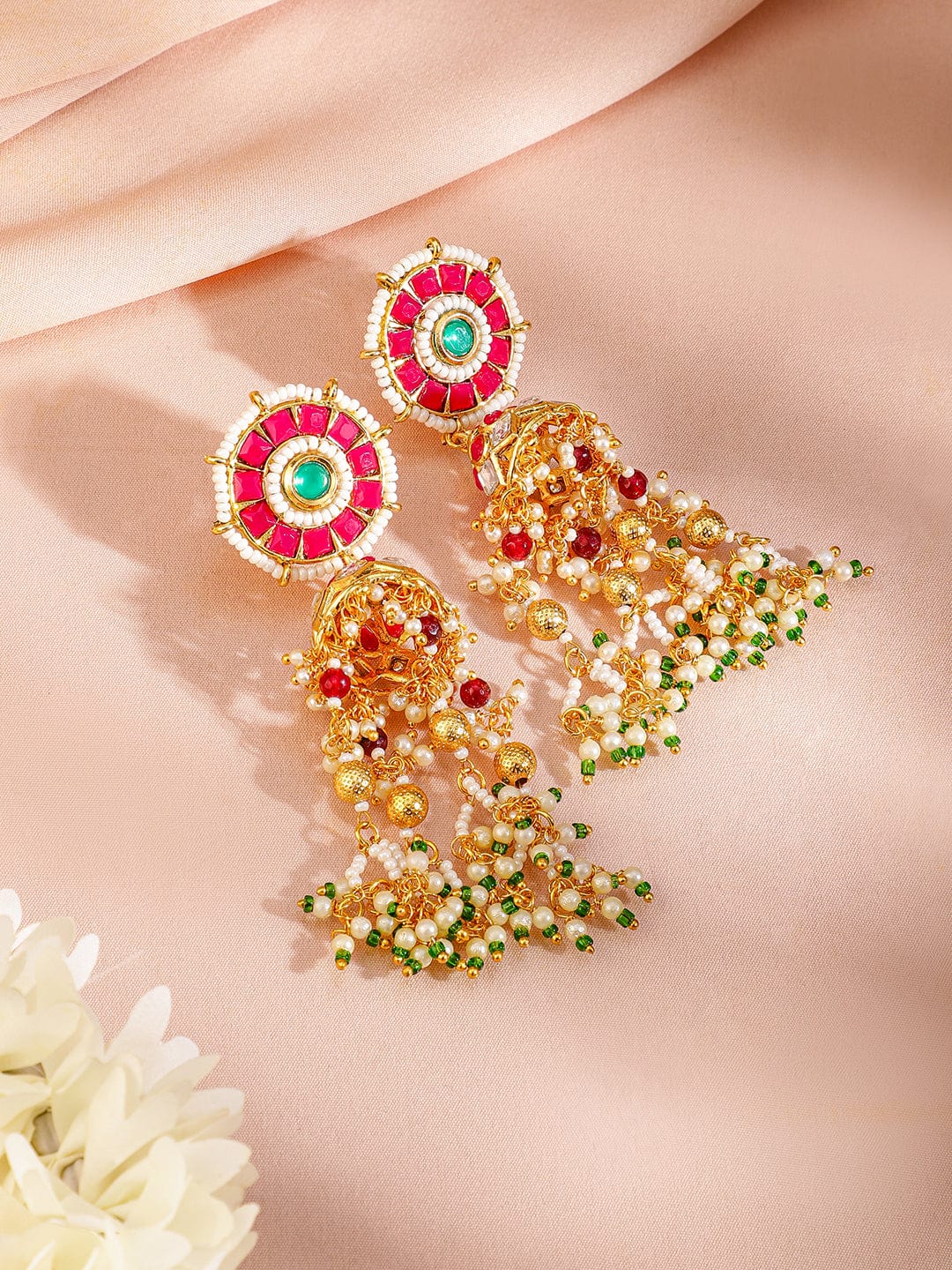 Rubans 24K Gold-Plated Kundan & Beaded Handcrafted Ruby, Emerald & Pearl Necklace Set