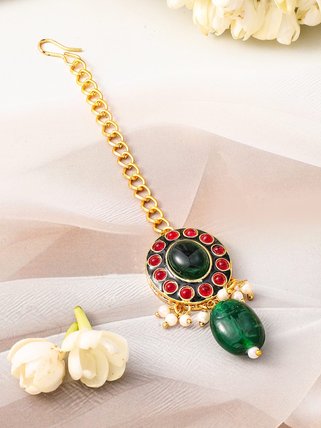 Rubans 24K Gold-Plated Kundan & Green Beaded Choker Necklace Set with Red Stone Accents