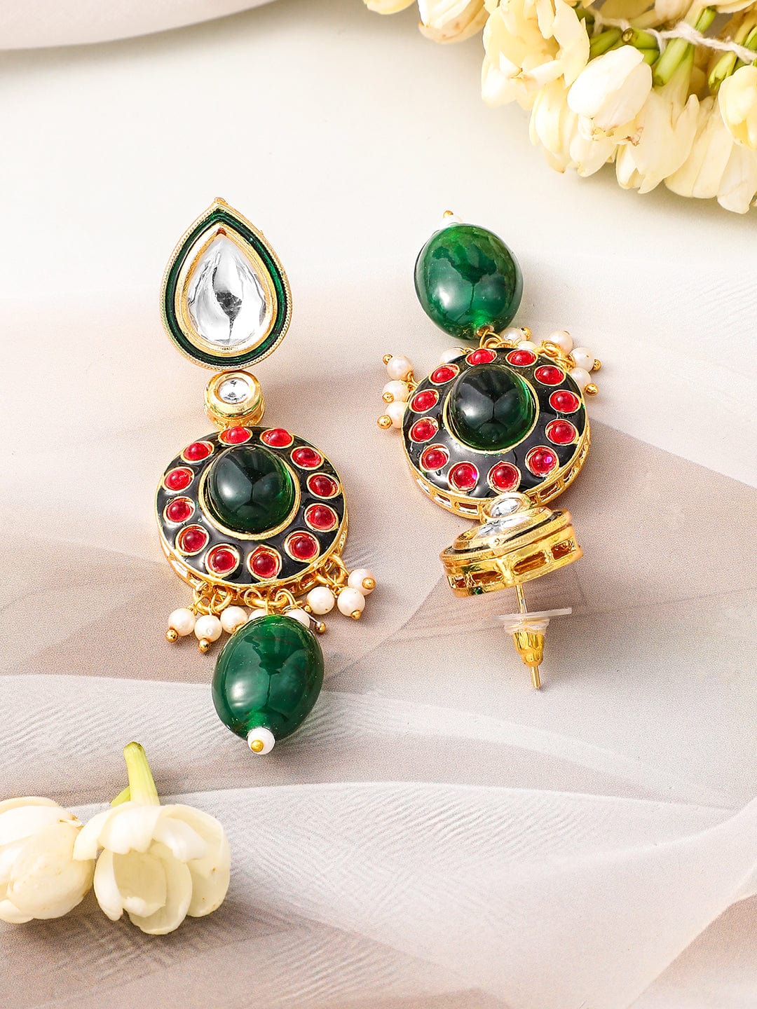 Rubans 24K Gold-Plated Kundan & Green Beaded Choker Necklace Set with Red Stone Accents