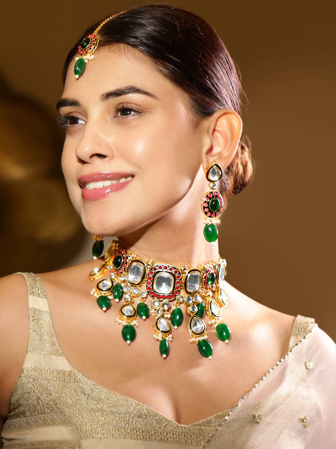 Rubans 24K Gold-Plated Kundan & Green Beaded Choker Necklace Set with Red Stone Accents