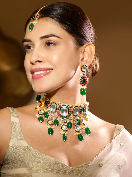 Rubans 24K Gold-Plated Kundan & Green Beaded Choker Necklace Set with Red Stone Accents