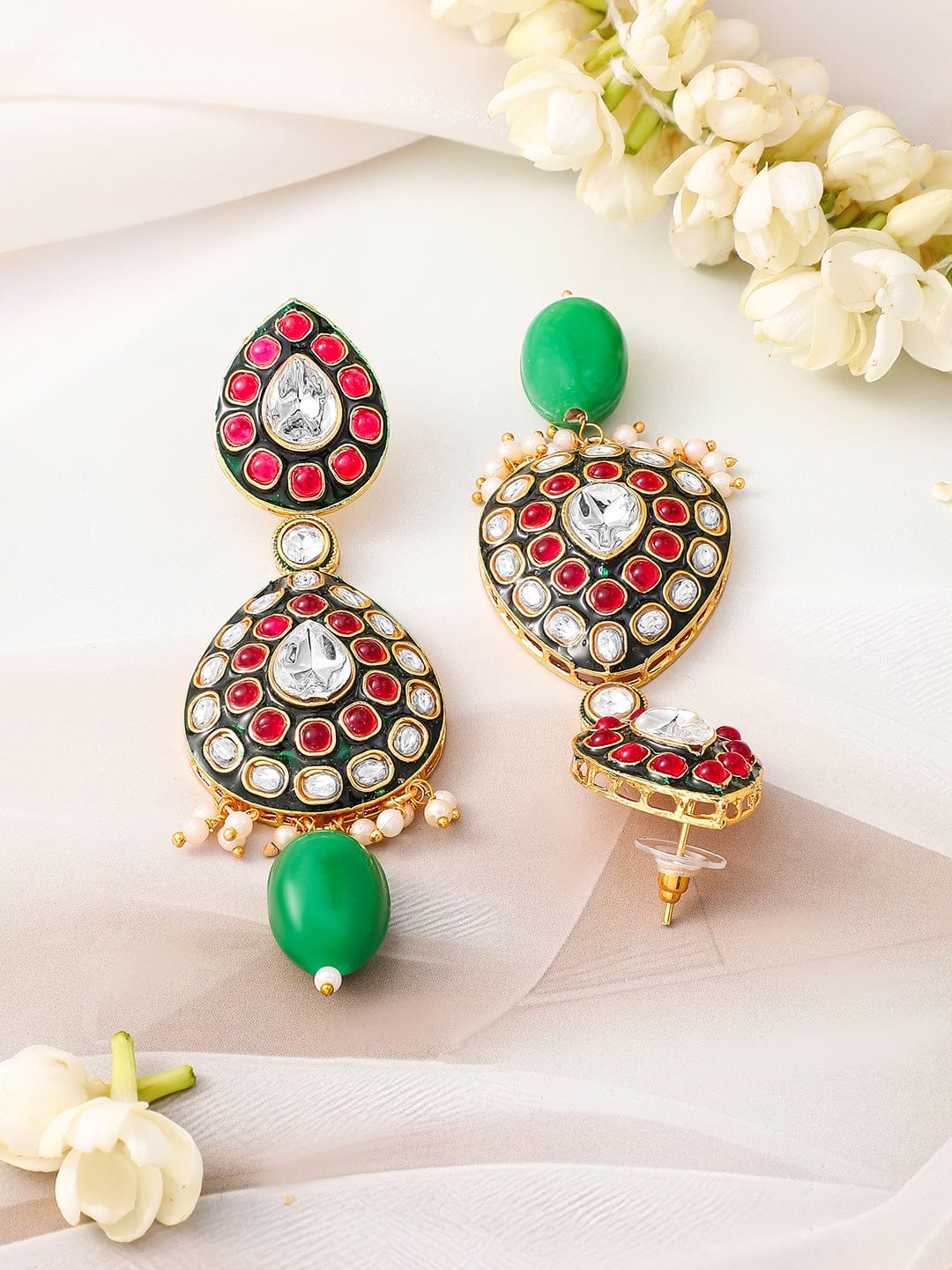 Rubans 24K Gold-Plated Kundan & Green Beaded Choker Necklace Set with Red Stone Detailing