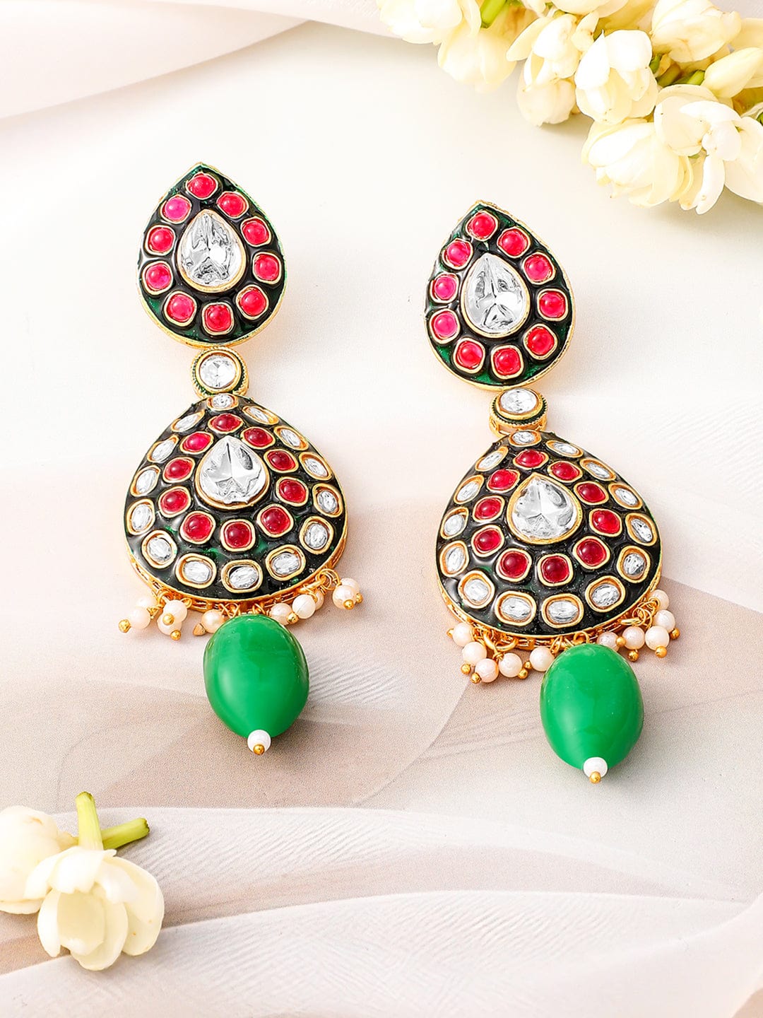 Rubans 24K Gold-Plated Kundan & Green Beaded Choker Necklace Set with Red Stone Detailing