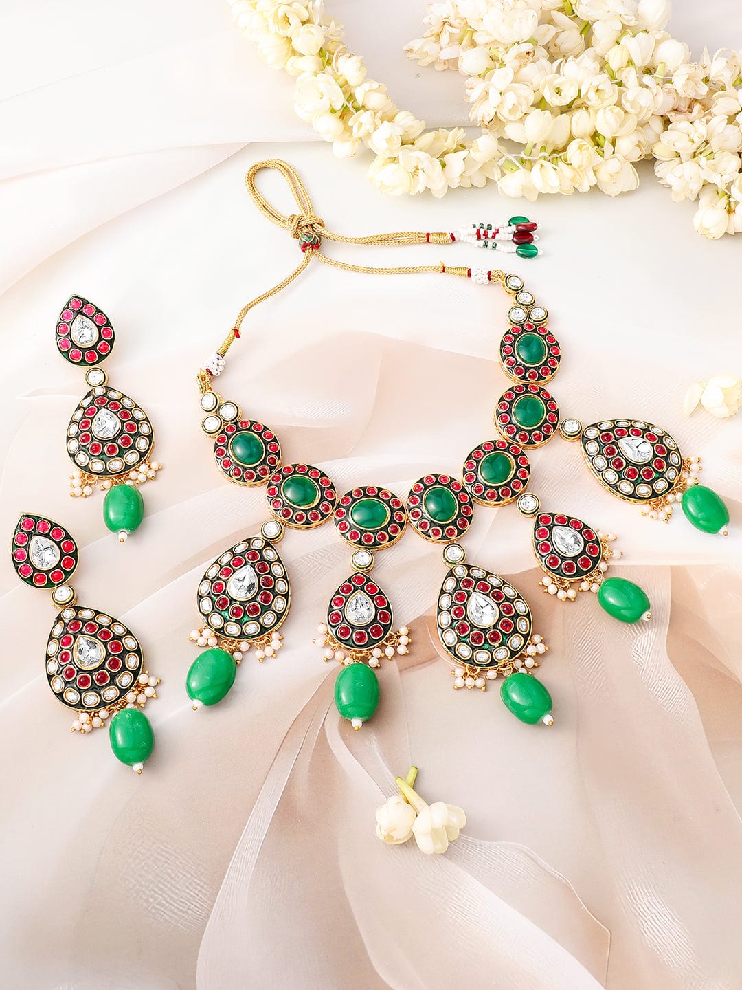 Rubans 24K Gold-Plated Kundan & Green Beaded Choker Necklace Set with Red Stone Detailing
