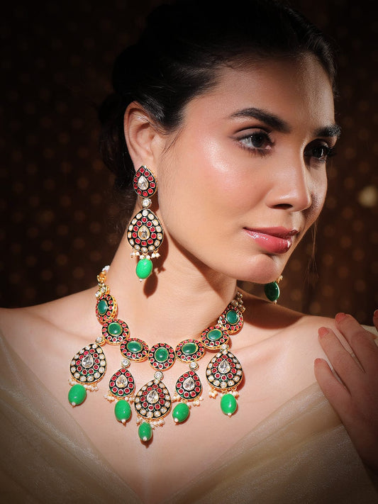 Rubans 24K Gold-Plated Kundan & Green Beaded Choker Necklace Set with Red Stone Detailing