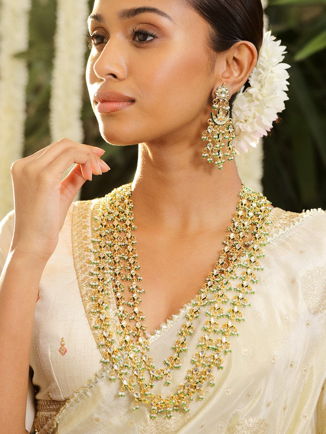 Rubans 24K Gold Plated Kundan & Green Beaded Handcrafted Layered Necklace Set with Earring