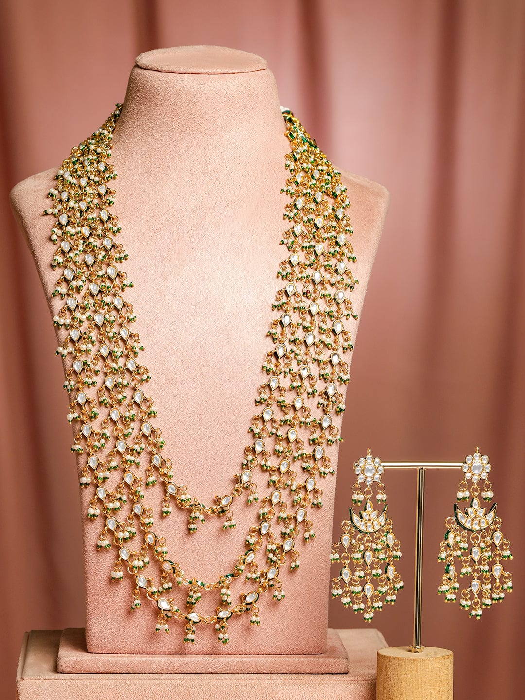Rubans 24K Gold Plated Kundan & Green Beaded Handcrafted Layered Necklace Set with Earring