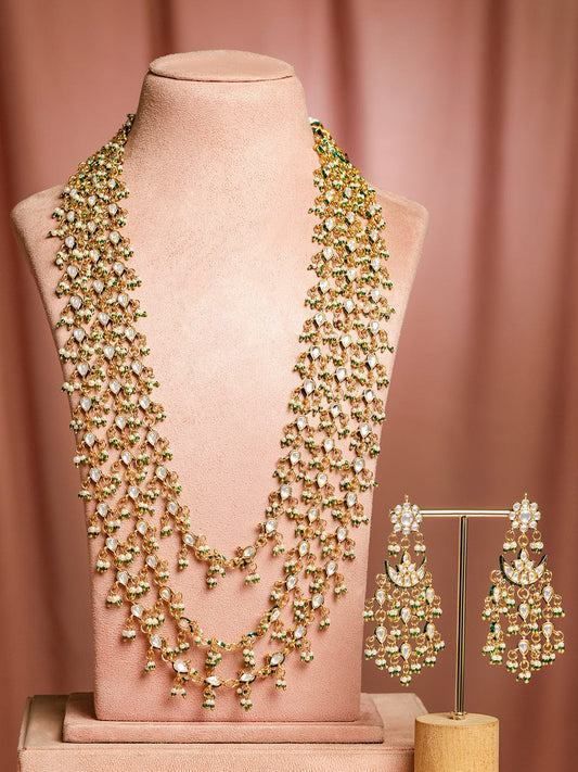 Rubans 24K Gold Plated Kundan & Green Beaded Handcrafted Layered Necklace Set with Earring