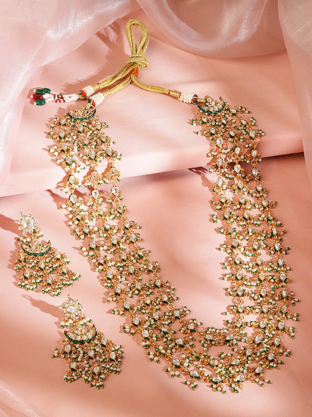 Rubans 24K Gold Plated Kundan & Green Beaded Handcrafted Layered Necklace Set with Earring