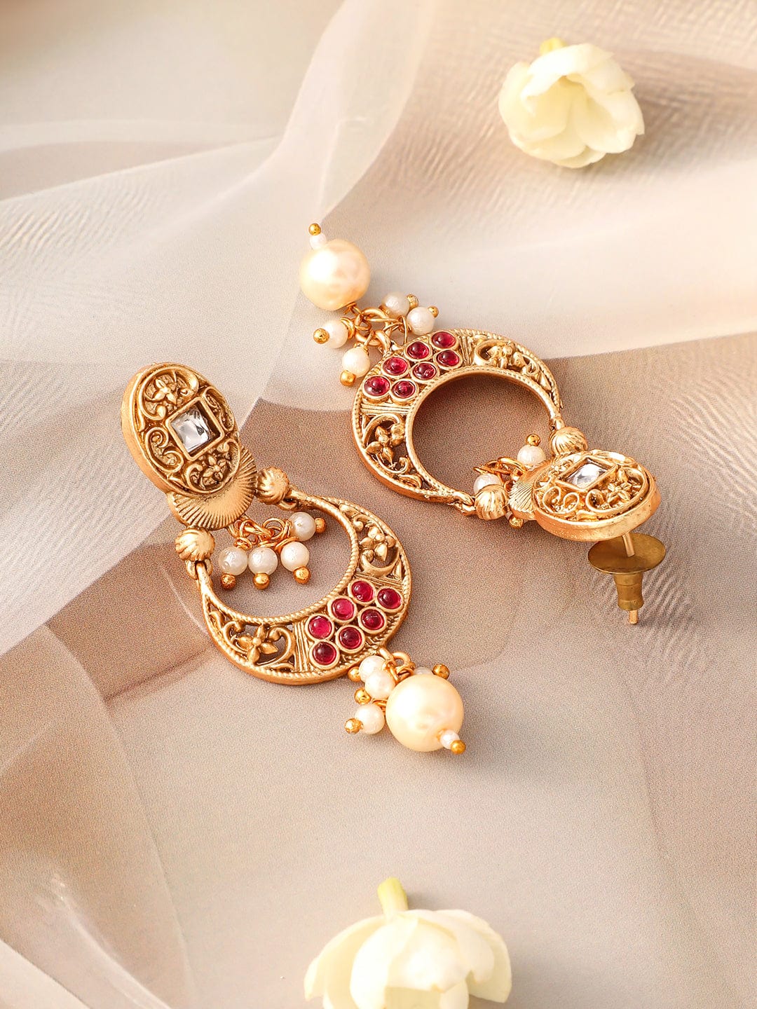 Rubans 24K Gold-Plated Ruby, Kundan Studded & Pearl Drops Rectangle Motif Necklace Set