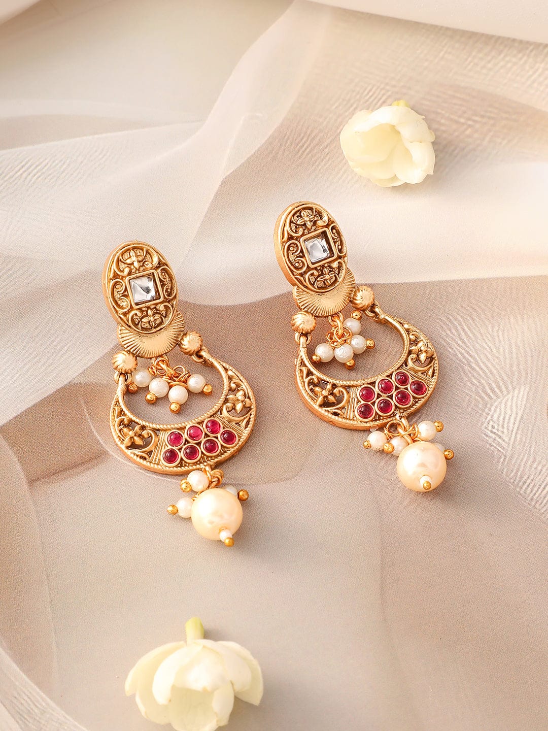 Rubans 24K Gold-Plated Ruby, Kundan Studded & Pearl Drops Rectangle Motif Necklace Set