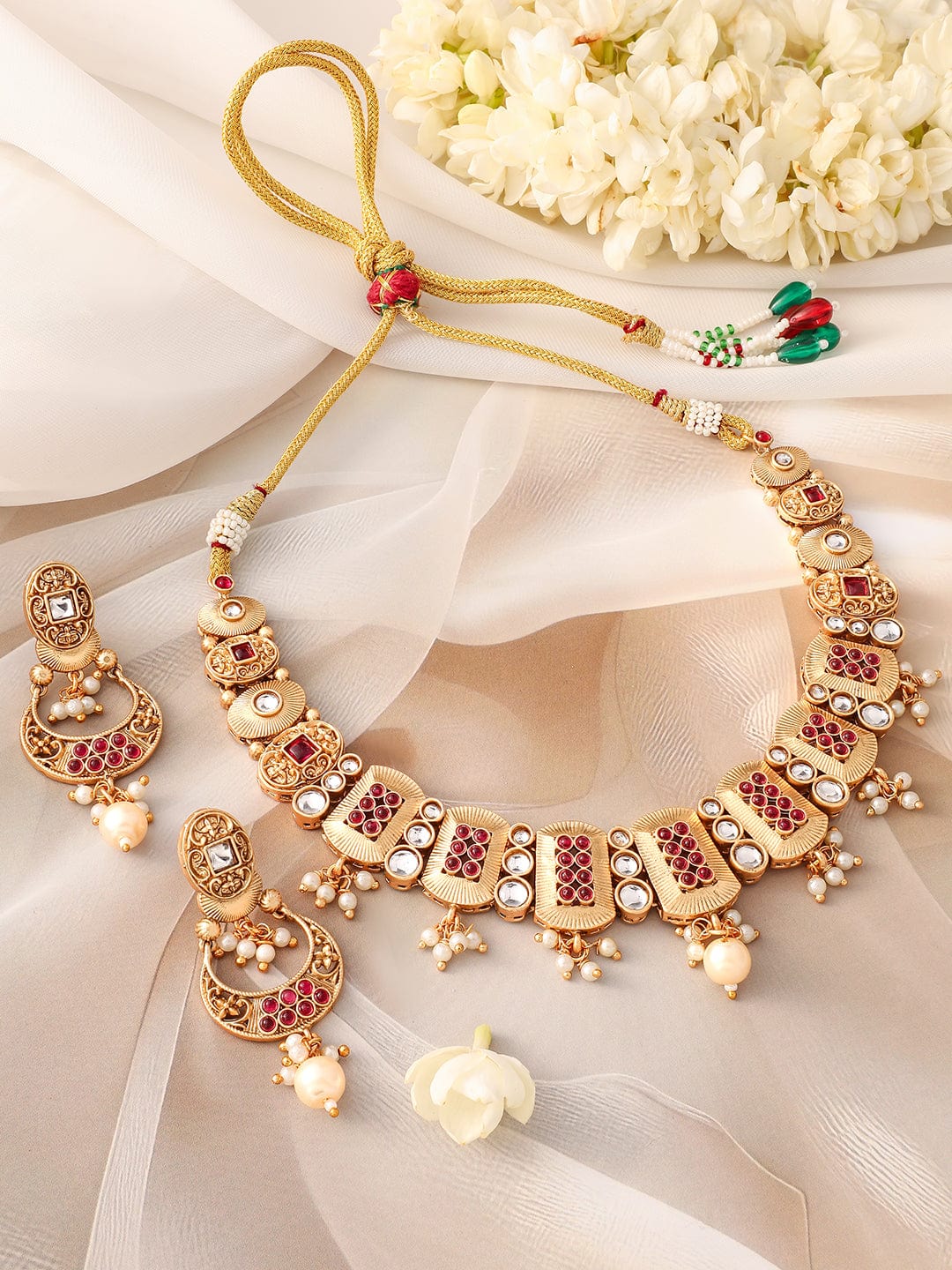 Rubans 24K Gold-Plated Ruby, Kundan Studded & Pearl Drops Rectangle Motif Necklace Set