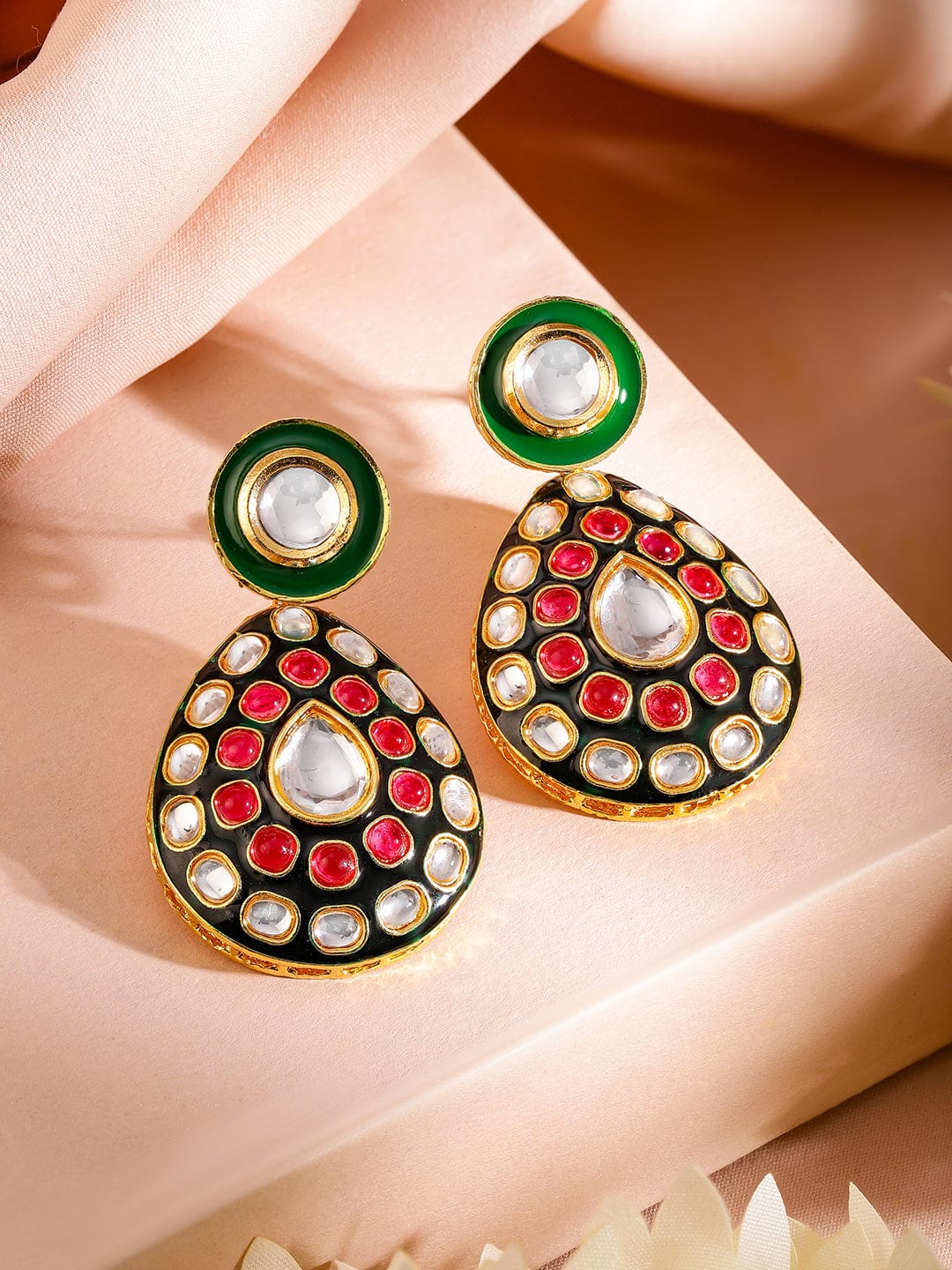 Rubans 24K Gold-Plated Green & Black Enamel Border Ruby Pink & White Kundan Necklace Set