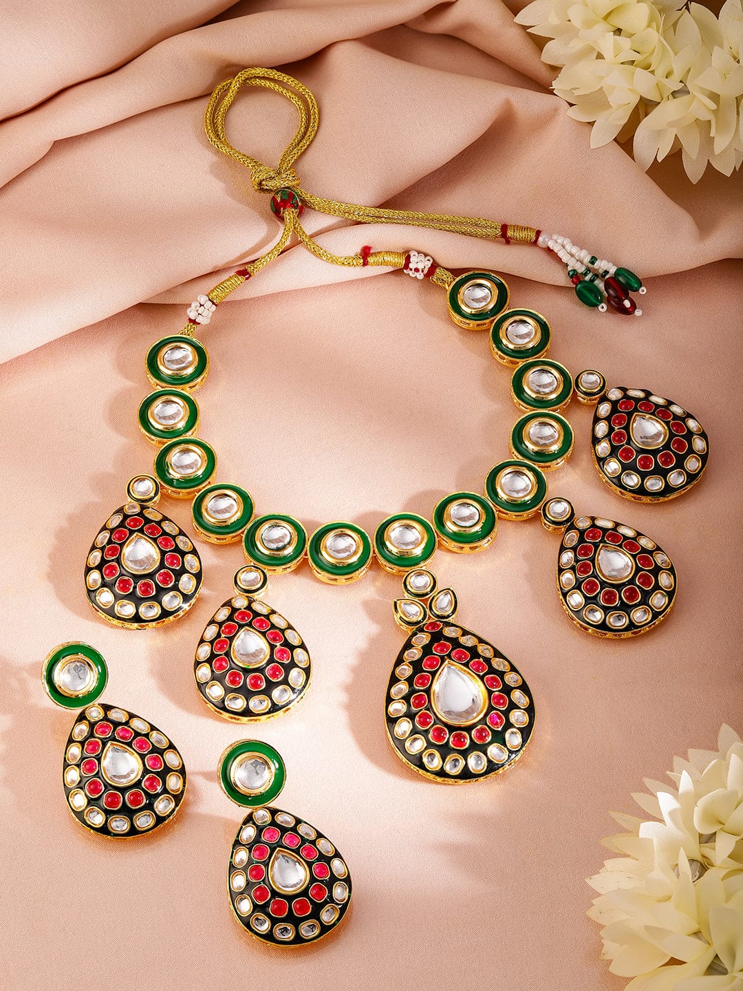 Rubans 24K Gold-Plated Green & Black Enamel Border Ruby Pink & White Kundan Necklace Set
