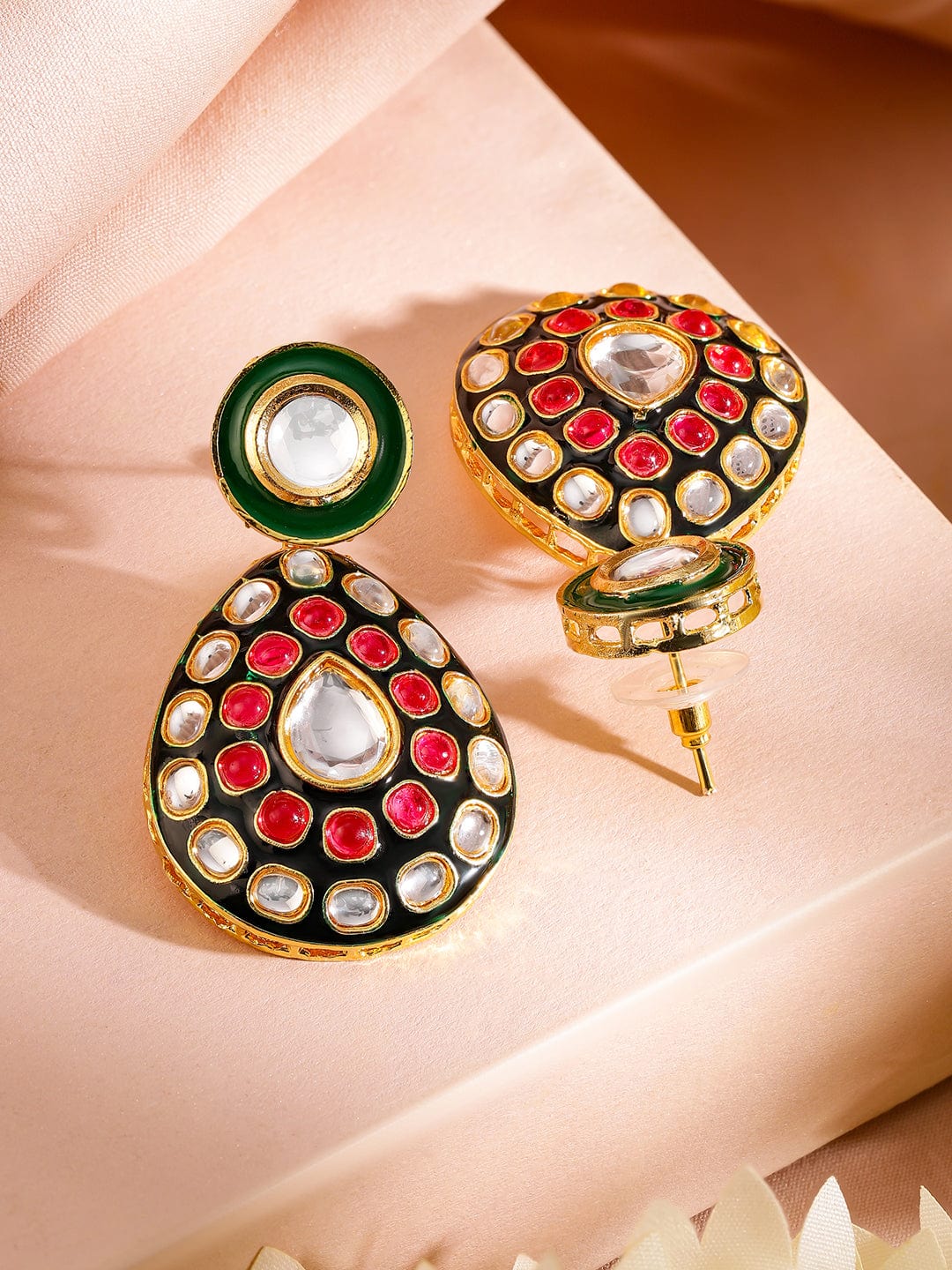 Rubans 24K Gold-Plated Green & Black Enamel Border Ruby Pink & White Kundan Necklace Set