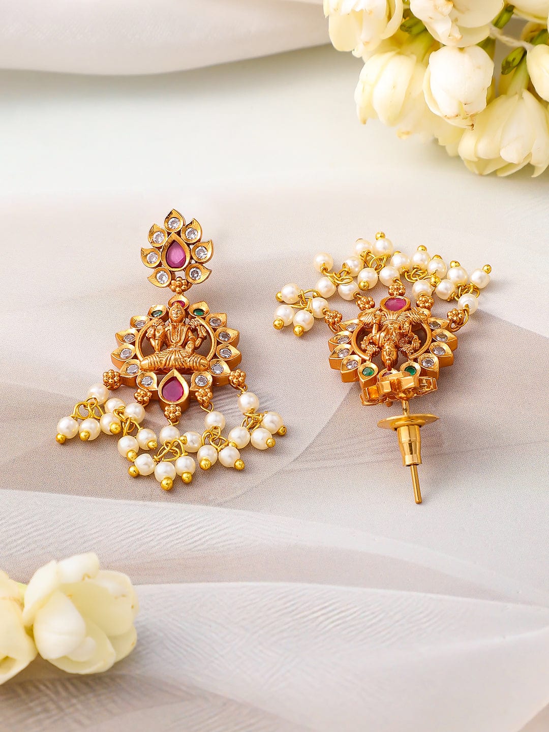 Rubans 24K Gold-Plated Lakshmi Temple Necklace Set with Ruby Stones & Pearl Detailing