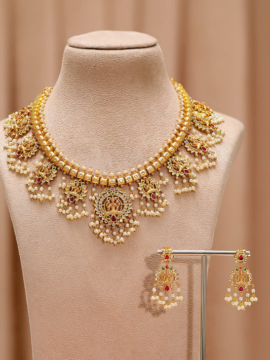 Rubans 24K Gold-Plated Lakshmi Temple Necklace Set with Ruby Stones & Pearl Detailing
