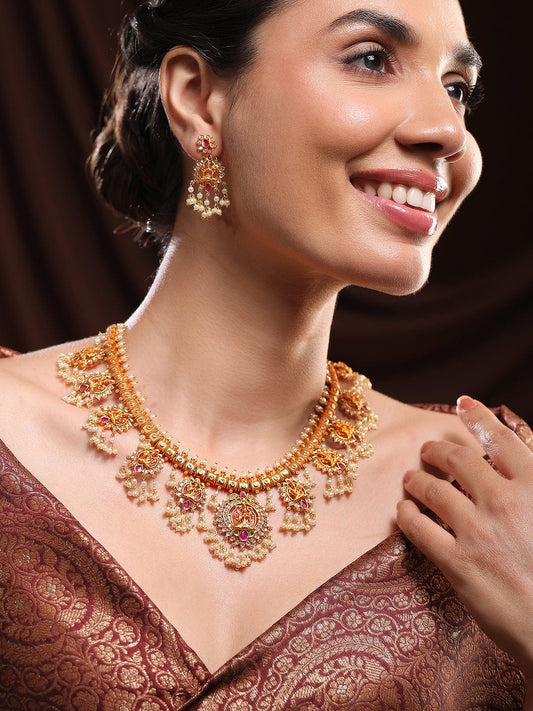 Rubans 24K Gold-Plated Lakshmi Temple Necklace Set with Ruby Stones & Pearl Detailing