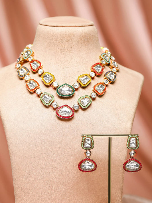 Rubans 24K Gold-Plated Multicolor Kundan Handcrafted Dual Layered Necklace Set