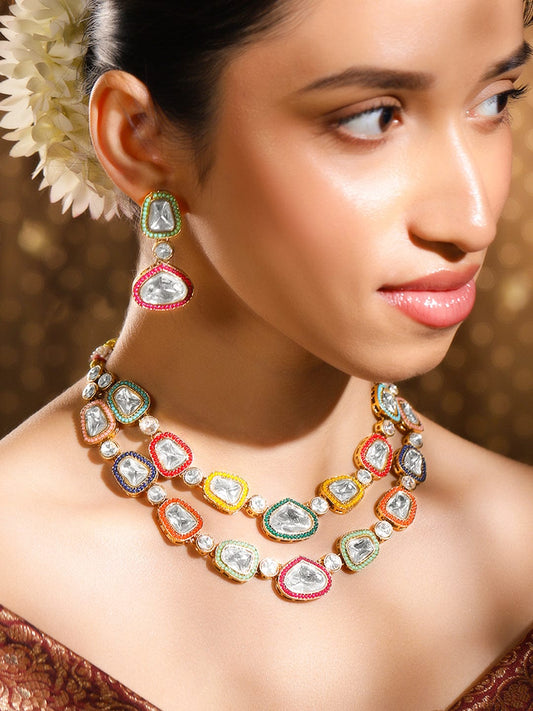 Rubans 24K Gold-Plated Multicolor Kundan Handcrafted Dual Layered Necklace Set