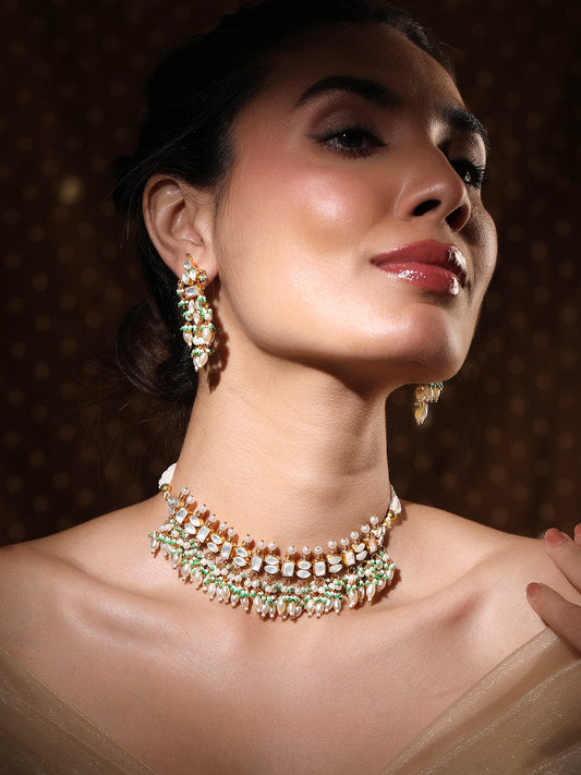 Rubans 24K Gold-Plated Pachi Kundan Studded Necklace & Earrings Set with Pearl & Green Bead Details