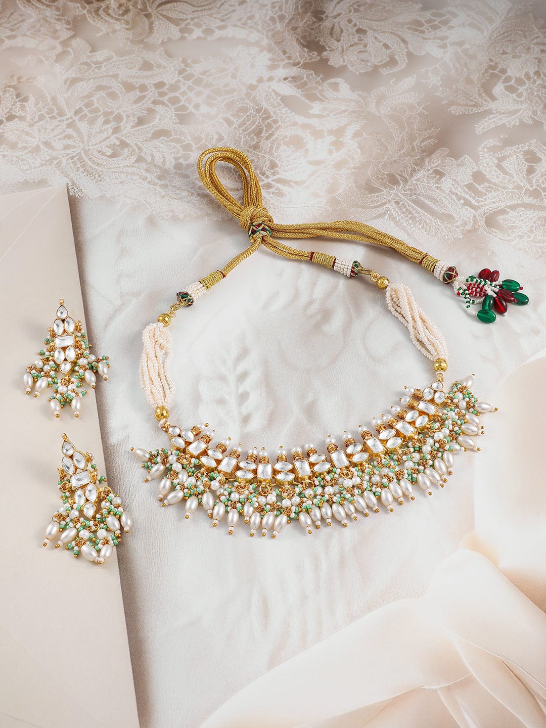 Rubans 24K Gold-Plated Pachi Kundan Studded Necklace & Earrings Set with Pearl & Green Bead Details