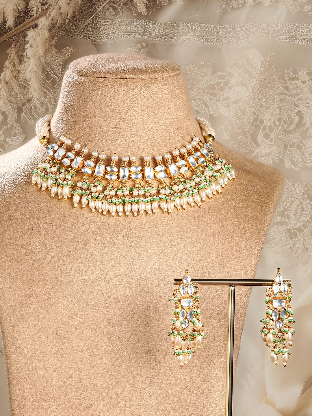 Rubans 24K Gold-Plated Pachi Kundan Studded Necklace & Earrings Set with Pearl & Green Bead Details