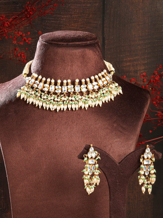 Rubans 24K Gold-Plated Pachi Kundan Studded Necklace & Earrings Set with Pearl & Green Bead Details