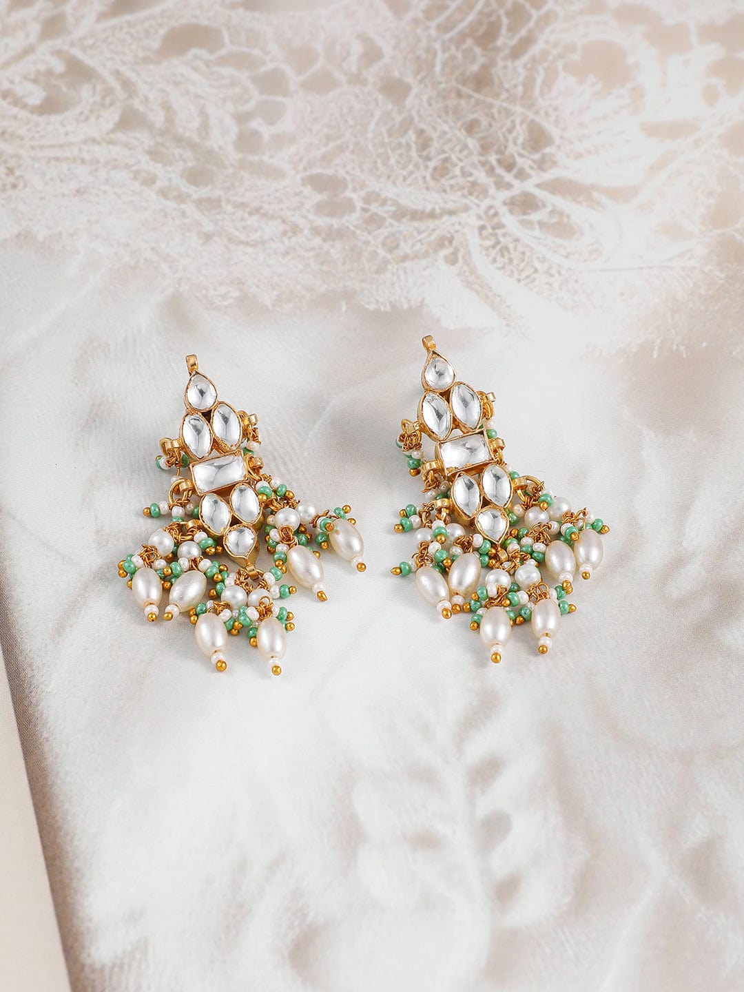 Rubans 24K Gold-Plated Pachi Kundan Studded Necklace & Earrings Set with Pearl & Green Bead Details