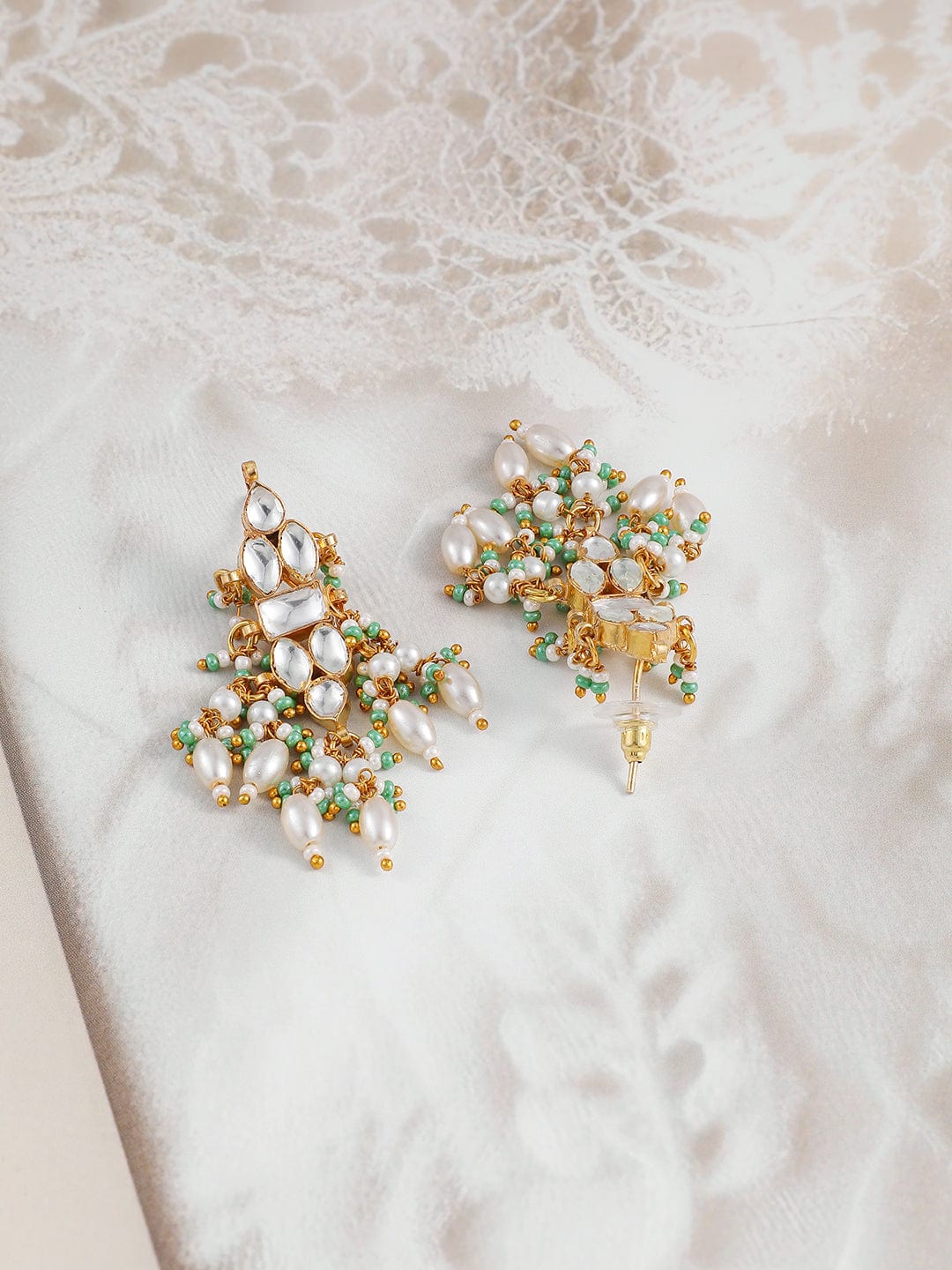 Rubans 24K Gold-Plated Pachi Kundan Studded Necklace & Earrings Set with Pearl & Green Bead Details