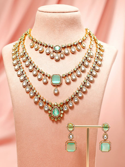 Rubans 24K Gold-Plated Pastel Green & AAA Cubic Zirconia Multi-Layer Bridal Necklace Set