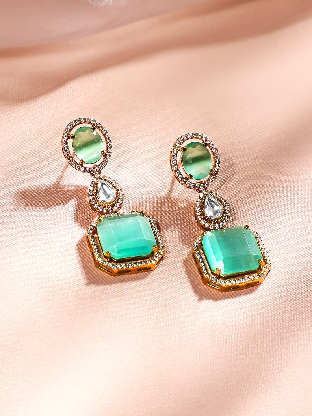 Rubans 24K Gold-Plated Pastel Green & AAA Cubic Zirconia Multi-Layer Bridal Necklace Set
