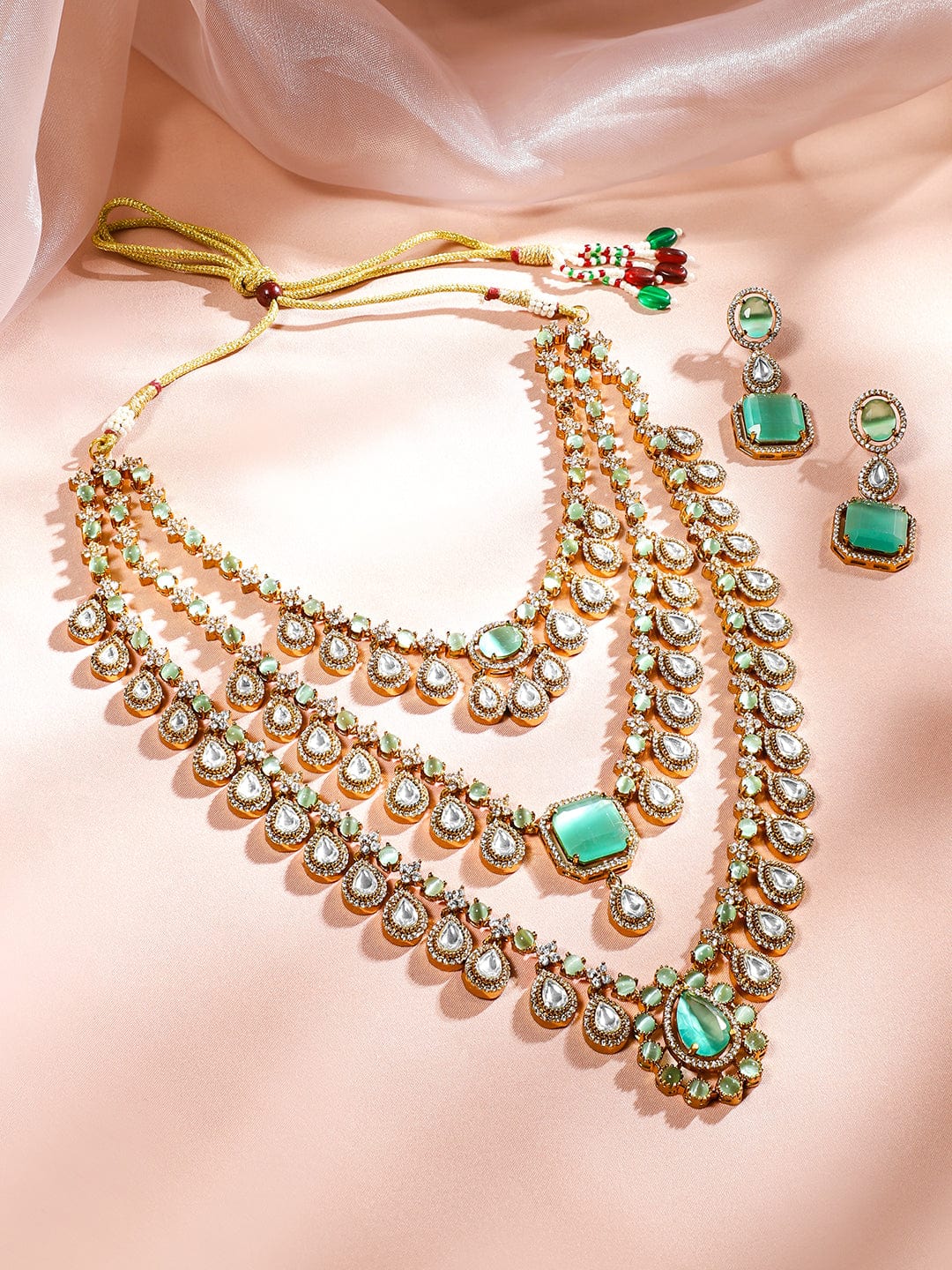 Rubans 24K Gold-Plated Pastel Green & AAA Cubic Zirconia Multi-Layer Bridal Necklace Set