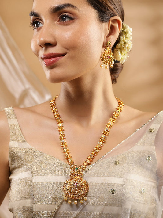 Rubans 24K Gold Plated Ruby, Emerald & Cubic Zirconia Studded Temple Necklace Set with Pearl Beaded