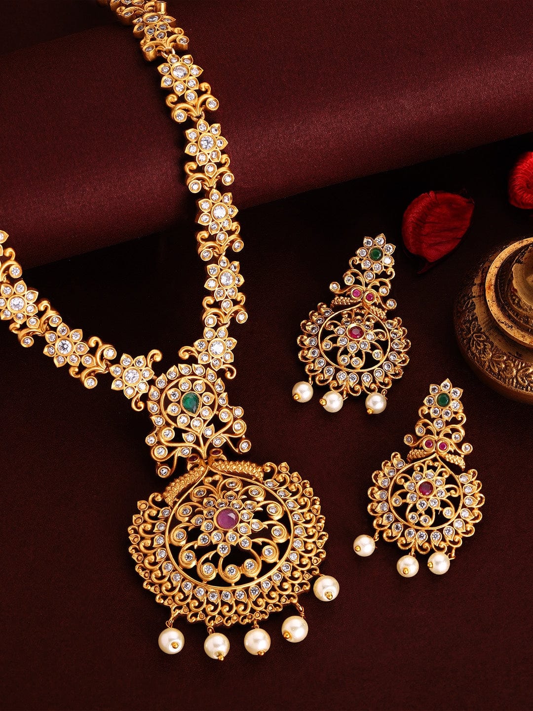 Rubans 24K Gold Plated Ruby, Emerald & Cubic Zirconia Studded Temple Necklace Set with Pearl Beaded