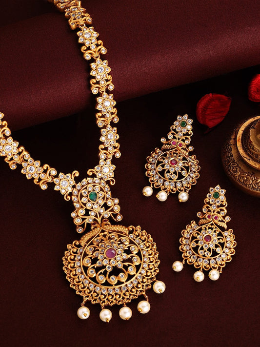 Rubans 24K Gold Plated Ruby, Emerald & Cubic Zirconia Studded Temple Necklace Set with Pearl Beaded