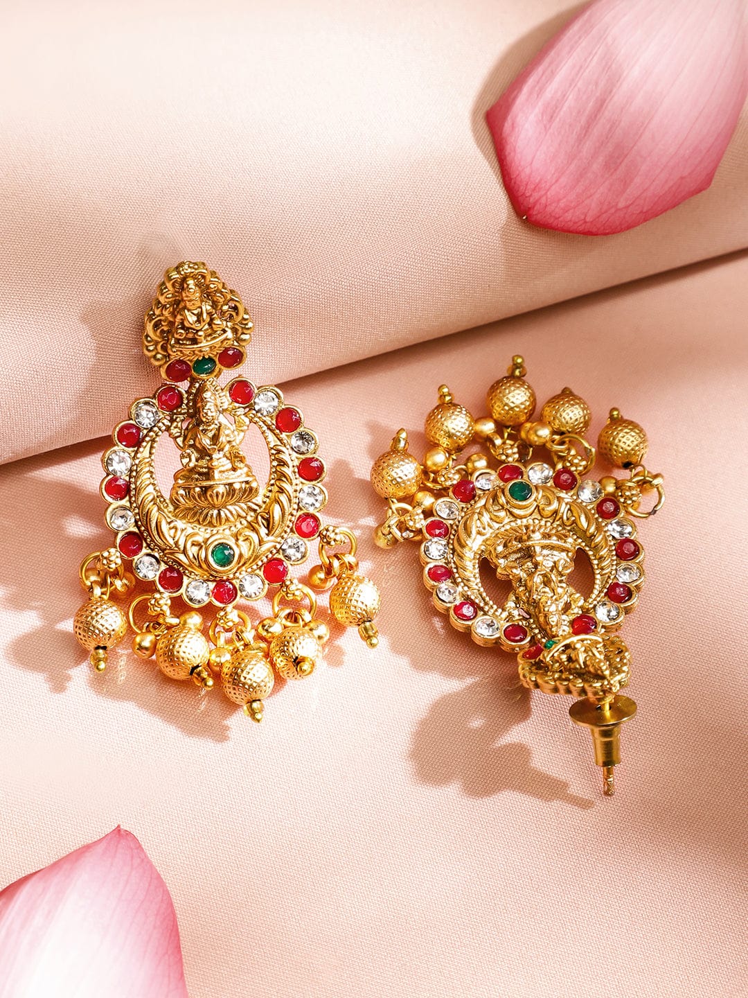 Rubans 24K Gold-Plated Ruby & Emerald Studded Traditional Bridal Temple Necklace with Lakshmi Motif