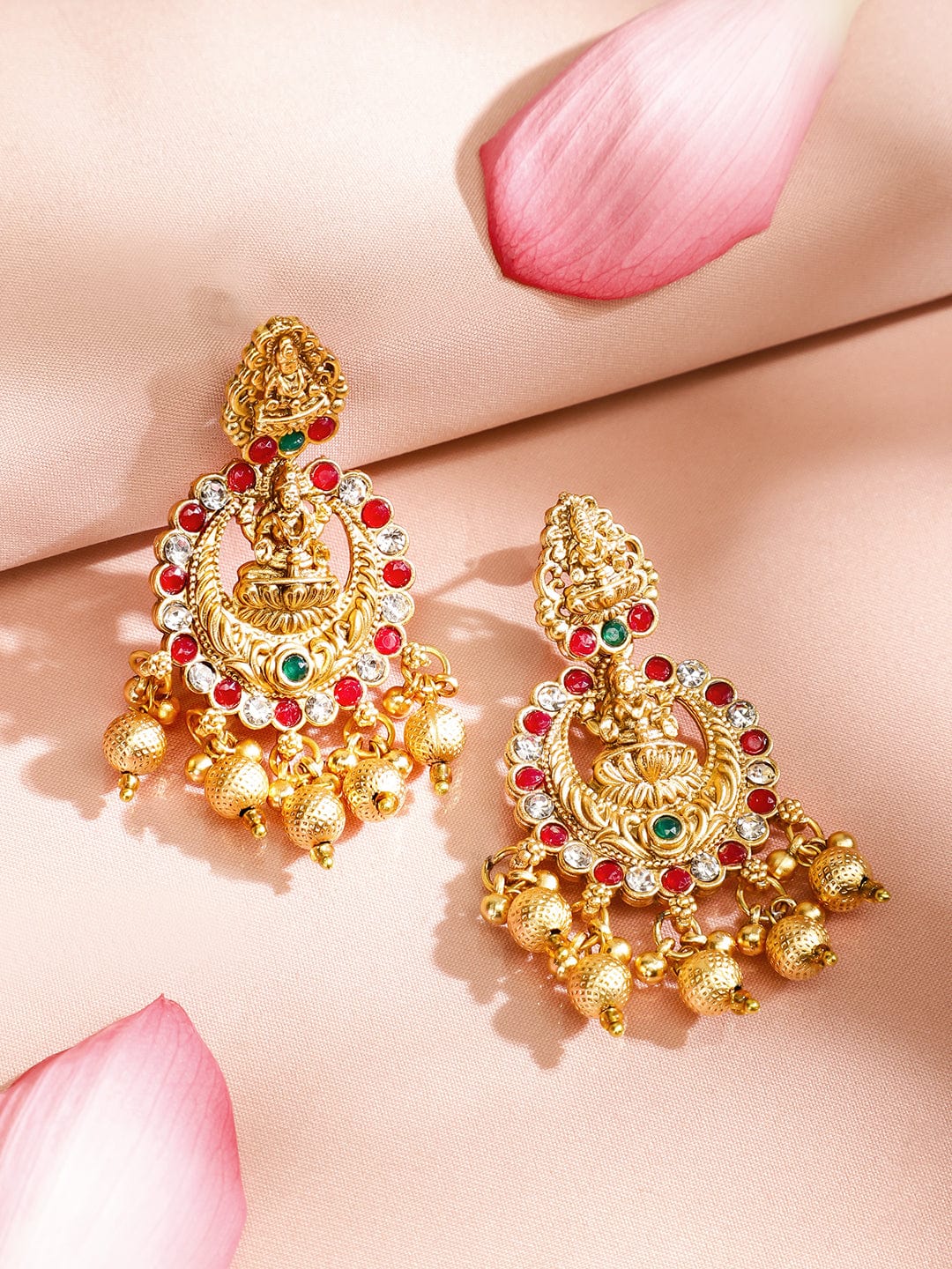 Rubans 24K Gold-Plated Ruby & Emerald Studded Traditional Bridal Temple Necklace with Lakshmi Motif
