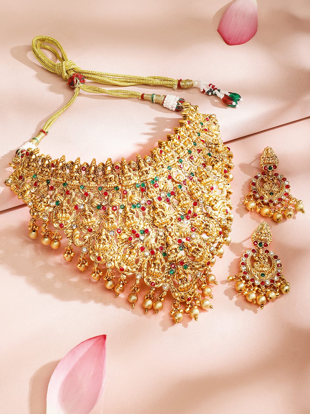 Rubans 24K Gold-Plated Ruby & Emerald Studded Traditional Bridal Temple Necklace with Lakshmi Motif