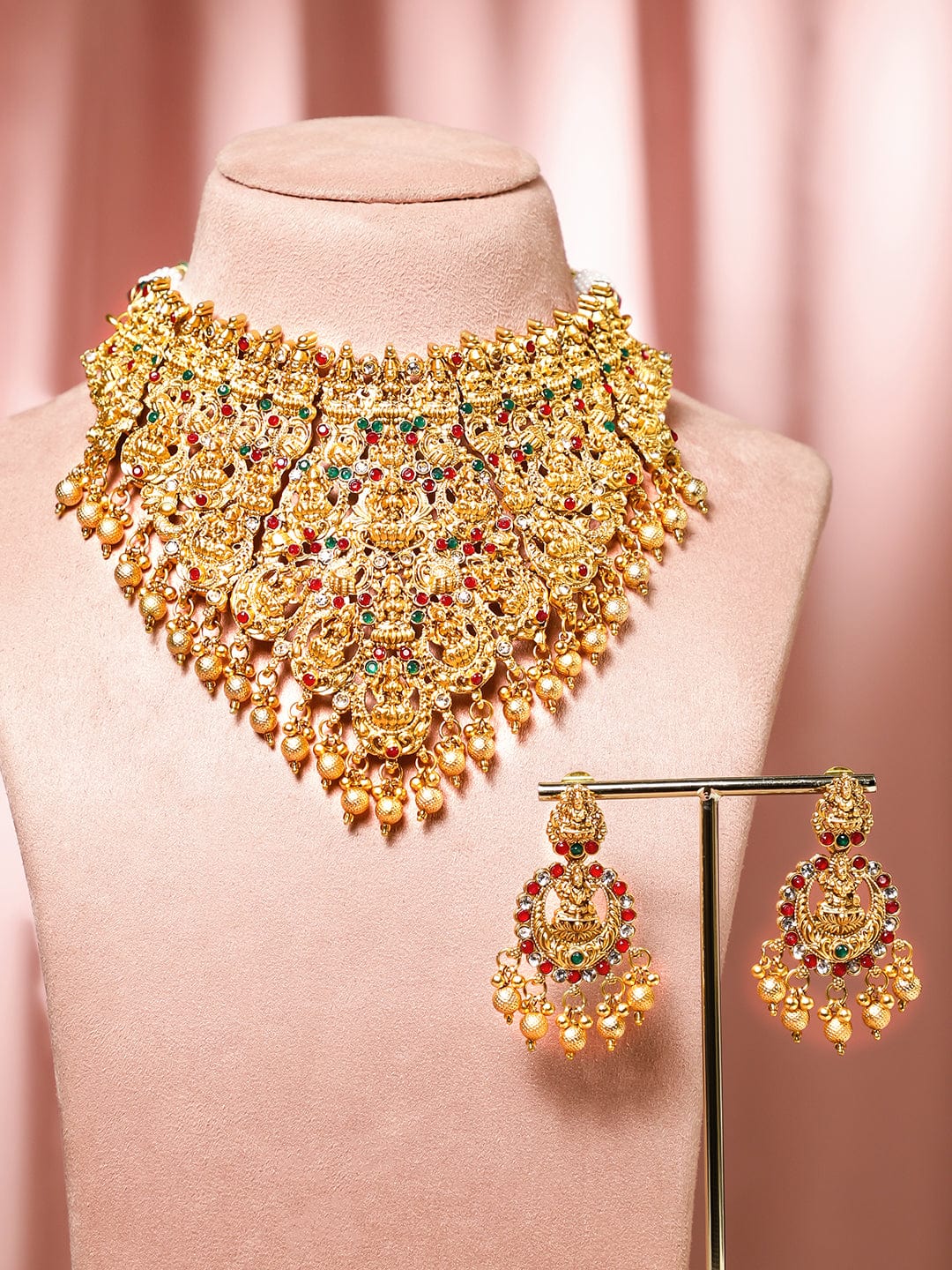 Rubans 24K Gold-Plated Ruby & Emerald Studded Traditional Bridal Temple Necklace with Lakshmi Motif